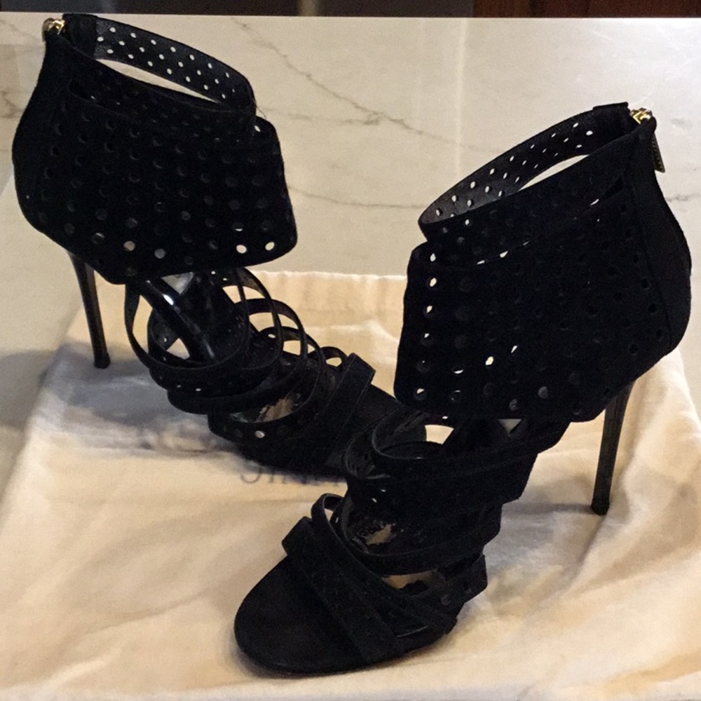 JIMMY CHOO Black Suede Strappy SANDALS size 38 1/2